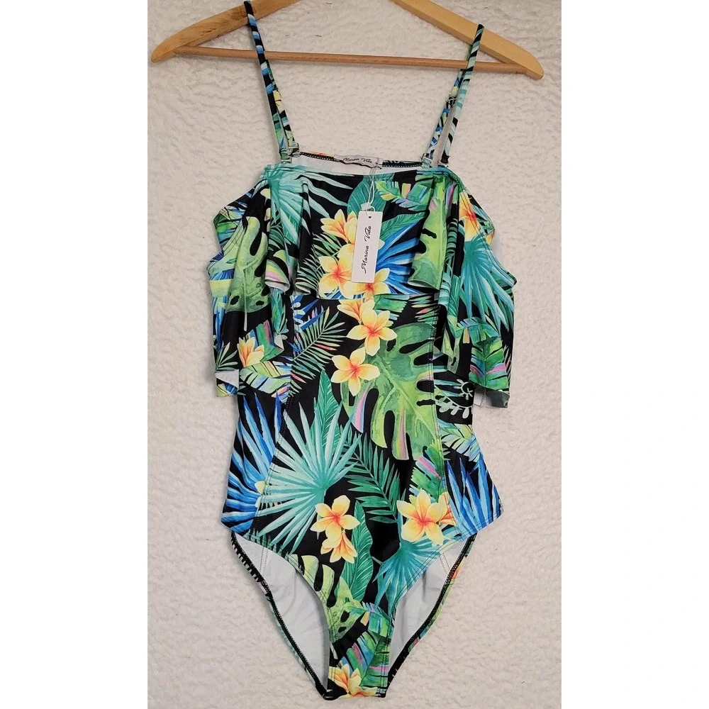Marina Vida Women's One Piece NEW NWT Swimsuit Sz L Swimwear Floral Ruffle 1986
